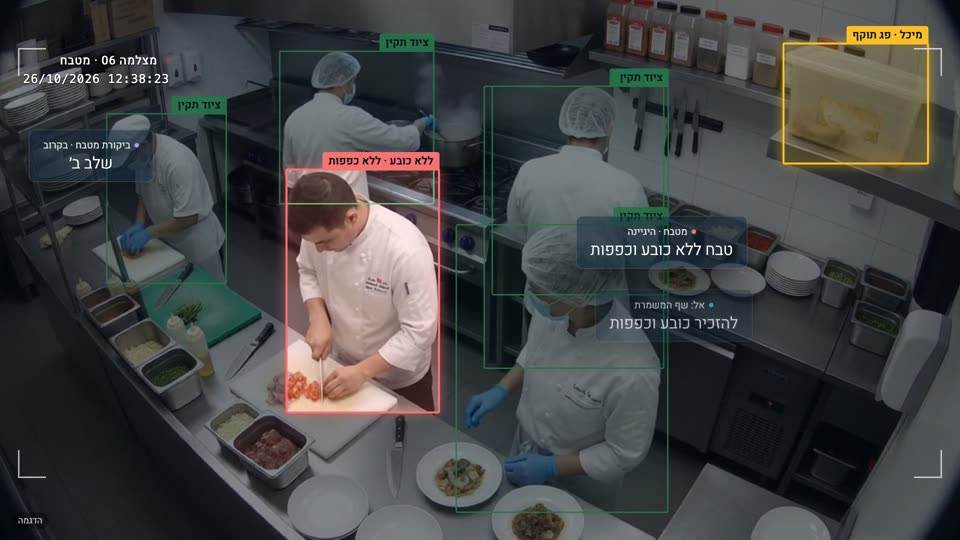 מטבח עם סימון של CleverEye על עובד בלי כובע וכפפות